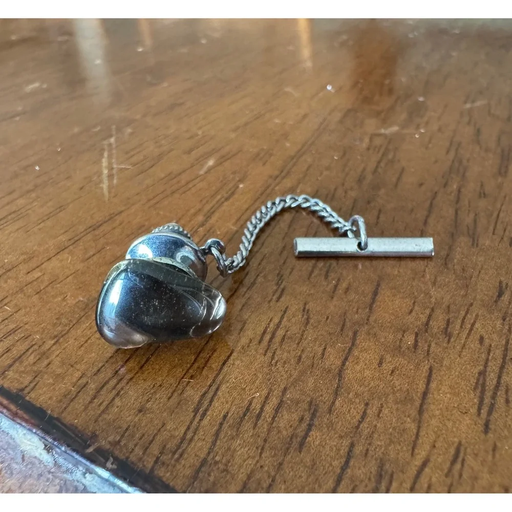 Vintage Mens Silver Tone Tie Tack with Dark Polished Stone and Chain T-Bar